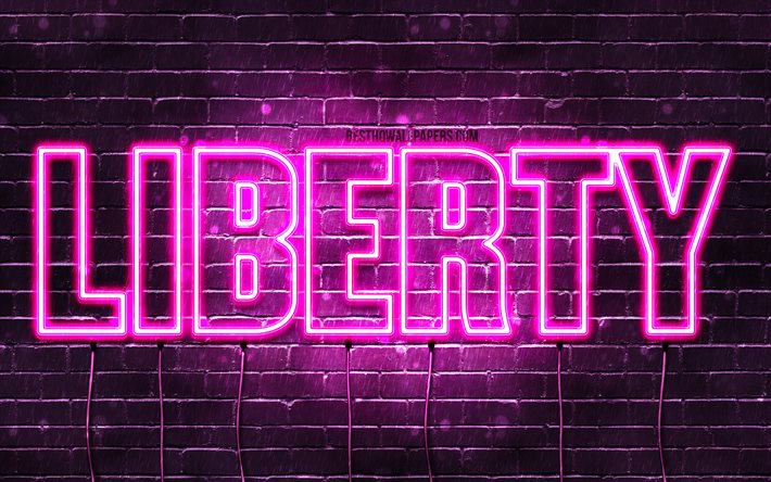 Liberdade, 4k, pap&#233;is de parede com os nomes de, nomes femininos, Liberty nome, roxo luzes de neon, texto horizontal, imagem com a Liberdade de nome