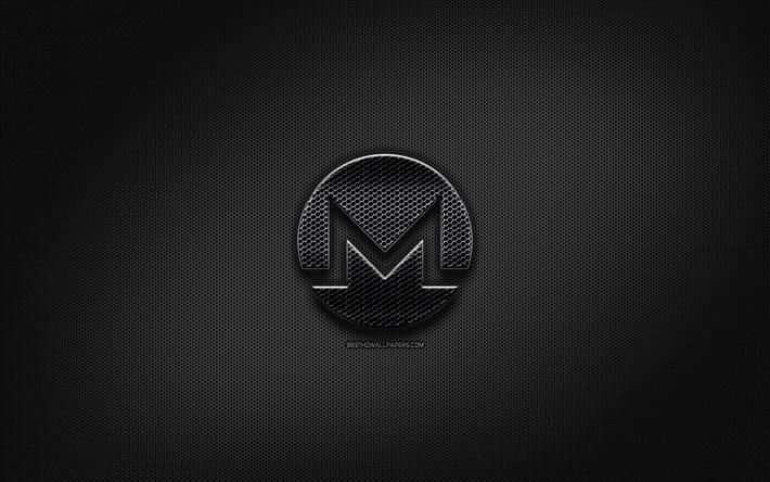 Monero black logo, cryptocurrency, grid metal background, Monero, artwork, creative, cryptocurrency signs, Monero logo