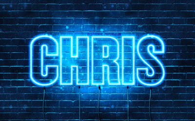 Chris, 4k, taustakuvia nimet, vaakasuuntainen teksti, Chris nimi, blue neon valot, kuva Chris nimi
