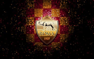 Roma FC, glitter-logo, Sarja, violetti oranssi musta ruudullinen tausta, jalkapallo, AS Roma, italian football club, Roma-logo, mosaiikki taidetta, Italia