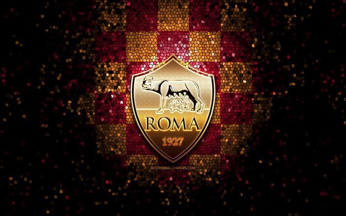 Roma FC, glitter logo, Serie A, purple orange black checkered background, soccer, AS Roma, italian football club, Roma logo, mosaic art, football, Italy