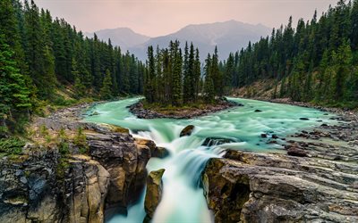 mountain river, evening, sunset, turquoise river, waterfall, forest, mountain landscape, beautiful nature, mountains