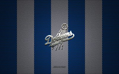 Los Angeles Dodgers logo, American baseball club, metal emblem, blue and white metal mesh background, Los Angeles Dodgers, MLB, Los Angeles, California, USA, baseball