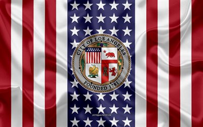 Los Angeles Tiiviste, 4k, silkki tekstuuri, Amerikan Lippu, USA, Los Angeles, California, Amerikkalainen Kaupunki, Sinetti Los Angeles, silkki lippu