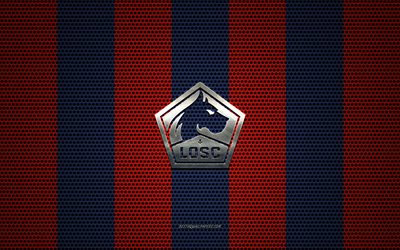 LOSC Lille logo, French football club, metal emblem, red-blue white metal mesh background, LOSC Lille, Ligue 1, Lille, France, football