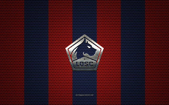 LOSC Lille logo, French football club, metal emblem, red-blue white metal mesh background, LOSC Lille, Ligue 1, Lille, France, football