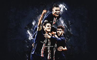 Paris Saint-Germain, Kylian Mbappe, Edinson Cavani, Pablo Sarabia, Juan Bernat, PSG, Ligue 1, France, football, blue stone background