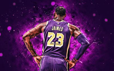 4k, LeBron James, vue de dos, de la NBA, les Los Angeles Lakers, violet uniformes, stars du basket-ball, LeBron Raymone James Sr, les n&#233;ons, LeBron James 4K, basket-ball, LA Lakers, cr&#233;atif, LeBron James Lakers