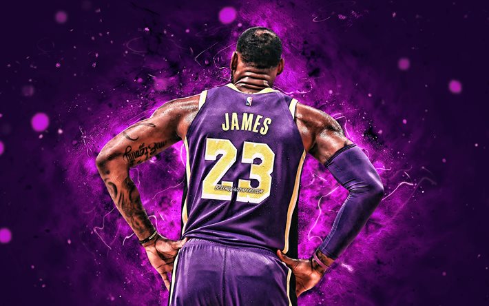4k, LeBron James, vista posterior, de la NBA, Los Lakers de Los Angeles, violeta uniforme, estrellas de baloncesto, LeBron Raymone James Sr, luces de ne&#243;n, LeBron James 4K, el baloncesto, LA Lakers, creativo, LeBron James Lakers