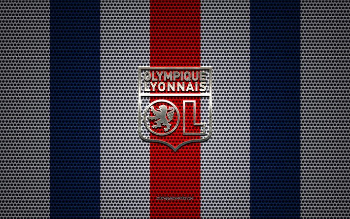 Olympique Lyonnais &#39; n logo, Ranskan football club, metalli-tunnus, punainen-sininen valkoinen metalli mesh tausta, Olympique Lyonnais, League 1, Lyon, Ranska, jalkapallo