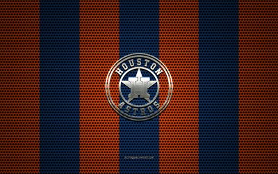 Houston Astros logo, American baseball club, metal emblem, blue-orange metal mesh background, Houston Astros, MLB, Houston, Texas, USA, baseball