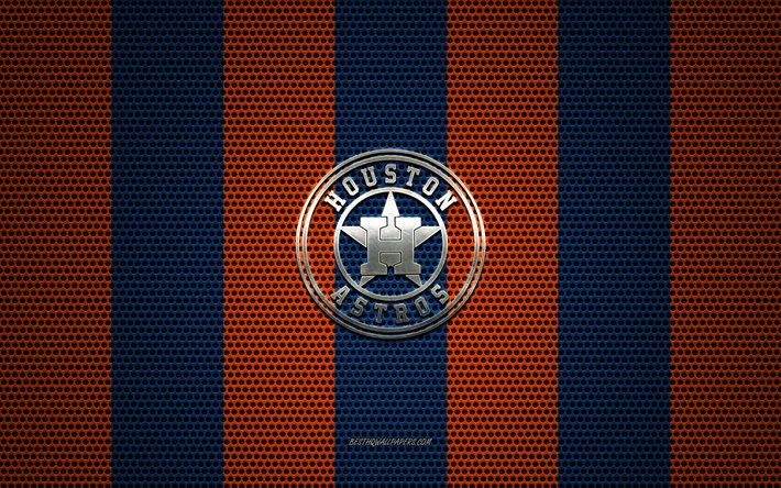 Houston Astros logo, American baseball club, metal emblem, blue-orange metal mesh background, Houston Astros, MLB, Houston, Texas, USA, baseball
