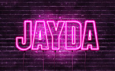Jayda, 4k, wallpapers with names, female names, Jayda name, purple neon lights, horizontal text, picture with Jayda name