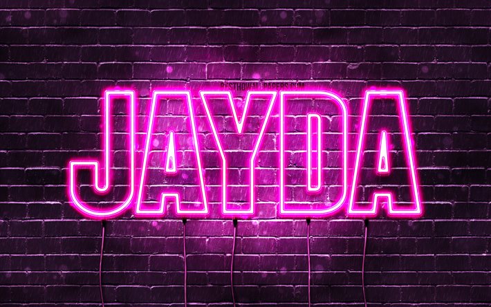 Jayda, 4k, خلفيات أسماء, أسماء الإناث, Jayda اسم, الأرجواني أضواء النيون, نص أفقي, صورة مع Jayda اسم