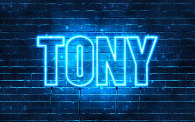 Tony, 4k, pap&#233;is de parede com os nomes de, texto horizontal, Tony nome, luzes de neon azuis, foto com Tony nome