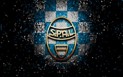 Spal FC, glitter logotipo, S&#233;rie, azul, branca, fundo quadriculado, futebol, FC Spal, italiano de futebol do clube, Spal logotipo, arte em mosaico, It&#225;lia