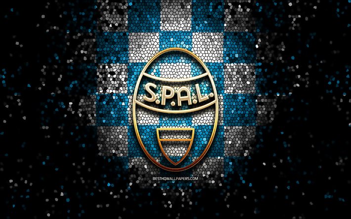 Spal FC, glitter logo, Serie, mavi beyaz damalı arka plan, futbol, FC Spal, İtalyan Futbol Kul&#252;b&#252;, Spal logo, mozaik sanatı, İtalya