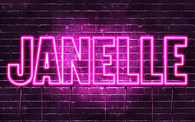 Janelle, 4k, wallpapers with names, female names, Janelle name, purple neon lights, horizontal text, picture with Janelle name