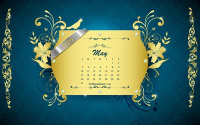2020 können kalender, vintage-blauem hintergrund, 2020 frühling-kalender, retro-kunst, goldene ornamente, mai 2020 kalender, frühling, mai