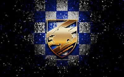 Real Madrid FC, glitter logo, Serie, mavi beyaz damalı arka plan, futbol, UC Sampdoria İtalyan Futbol Kul&#252;b&#252;, Sampdoria logo, mozaik sanatı, İtalya