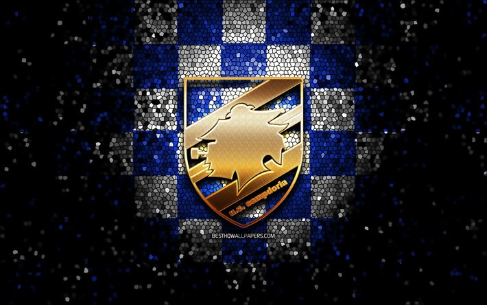 Real Madrid FC, glitter logo, Serie, mavi beyaz damalı arka plan, futbol, UC Sampdoria İtalyan Futbol Kul&#252;b&#252;, Sampdoria logo, mozaik sanatı, İtalya
