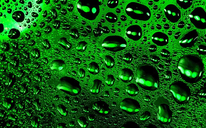 4k, drops patterns, background with drops, water drops texture, macro, drops on glass, green backgrounds, water drops, water backgrounds, drops texture, water, drops on green background