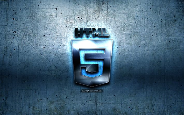 HTML5 metal logo, grunge, programming language signs, blue metal background, HTML5, creative, programming language, HTML5 logo