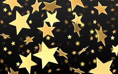 ゴールデンstarfall, 4k, 3D星, 創造, 星空の背景, 抽象星の背景, 金3D星, 星パターン, 背景と星, 背景starfall