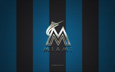 Miami Marlins logo, American baseball club, metal emblem, blue-black metal mesh background, Miami Marlins, MLB, Miami, Florida, USA, baseball