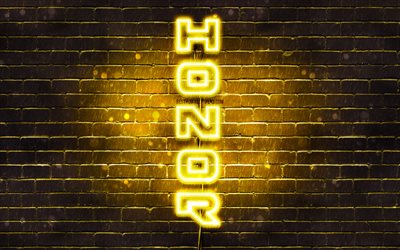 4K, Honra amarelo logotipo, texto vertical, amarelo brickwall, Honra neon logotipo, criativo, Honra logotipo, obras de arte, Honra