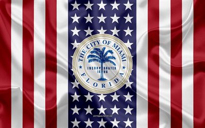 Miami Seal, 4k, silk texture, American Flag, USA, Miami, Florida, American City, Seal of the Miami, silk flag