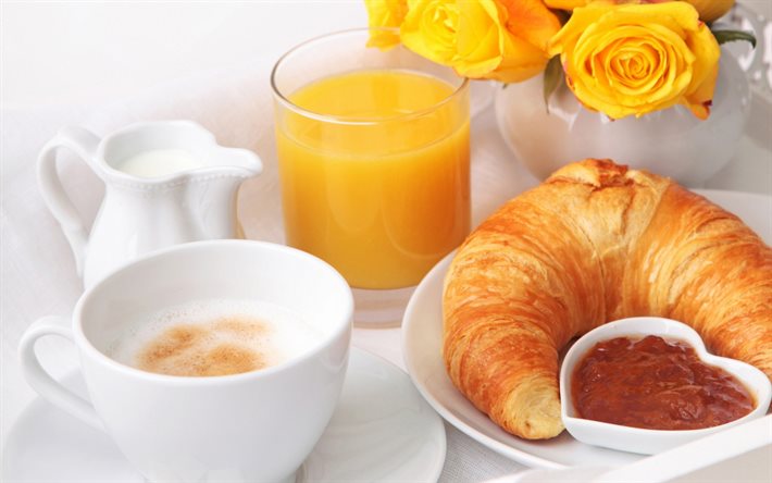 kaffe, juice, v&#228;xande, frukost, h&#228;lsosam mat, kaffe med croissant