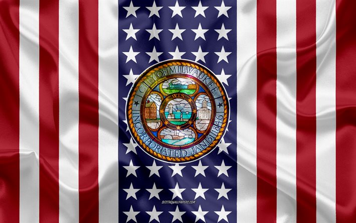 Milwaukee Tenuta, 4k, seta, trama, Bandiera Americana, USA, Milwaukee, Wisconsin, Citt&#224; Americana, Tenuta di Milwaukee, seta bandiera