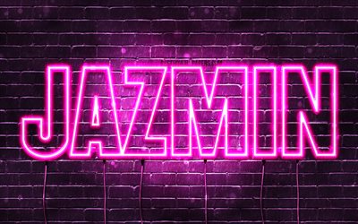 Jazmin, 4k, taustakuvia nimet, naisten nimi&#228;, Jazmin nimi, violetti neon valot, vaakasuuntainen teksti, kuva Jazmin nimi