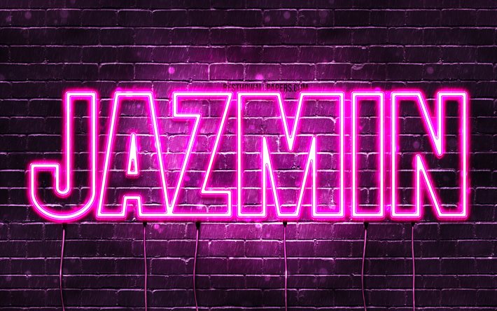 Jazmin, 4k, fondos de pantalla con los nombres, los nombres femeninos, Jazmin nombre, p&#250;rpura luces de ne&#243;n, el texto horizontal, imagen con el nombre Jazmin