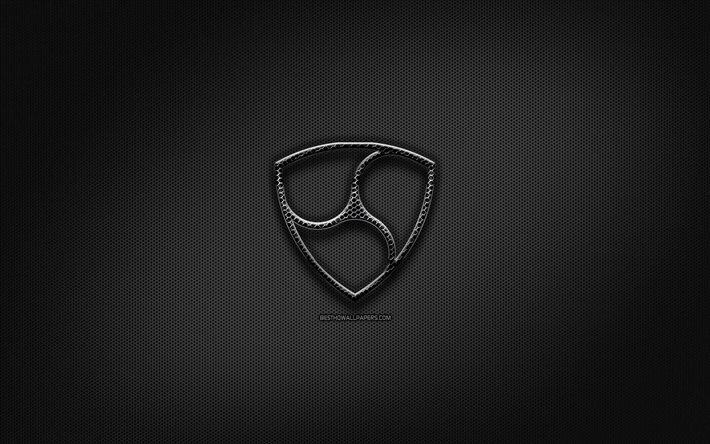 NEM preto logo, cryptocurrency, grade de metal de fundo, N&#195;O, obras de arte, criativo, cryptocurrency sinais, NEM logo