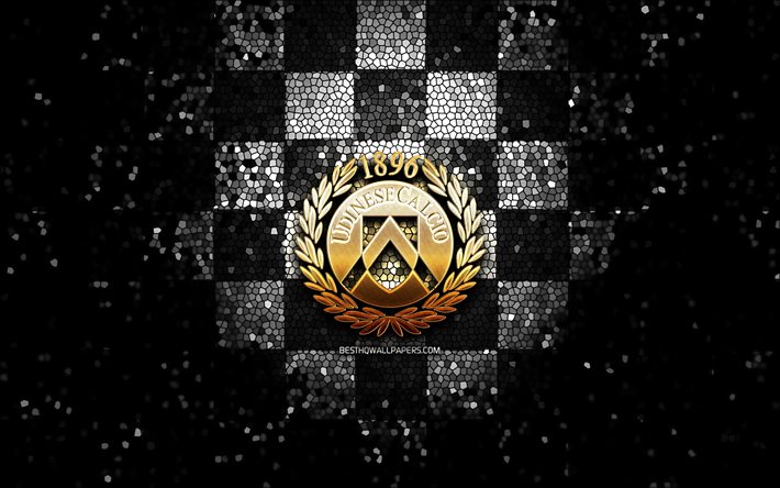 Udinese FC, glitter logo, Serie A, black white checkered background, soccer, Udinese Calcio, italian football club, Udinese logo, mosaic art, football, Italy