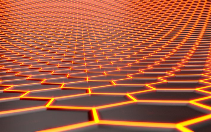 luminoso arancione mesh, texture, creative neon sfondo 3d esagono texture, arancione esagono sfondo