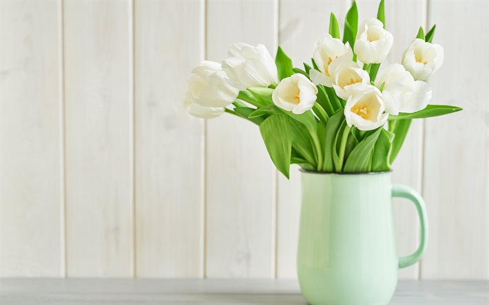 tulipanes blancos, jarr&#243;n, ramo de tulipanes blancos, primavera ramo de flores, tulipanes, de la primavera