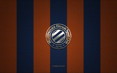 Montpellier HSC logo, French football club, metal emblem, orange-blue metal mesh background, Montpellier HSC, Ligue 1, Montpellier, France, football