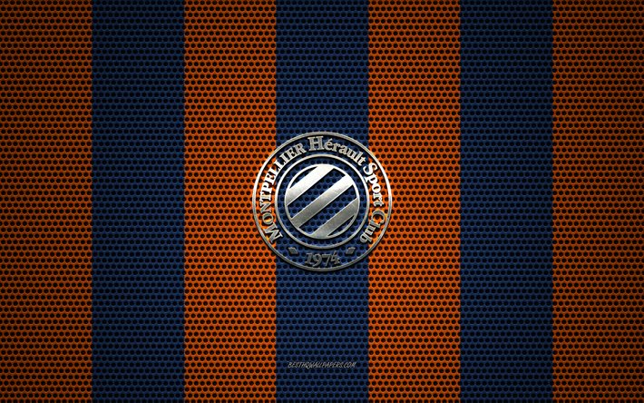Montpellier HSC logo, French football club, metal emblem, orange-blue metal mesh background, Montpellier HSC, Ligue 1, Montpellier, France, football