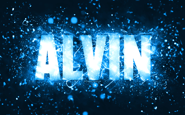 お誕生日おめでとうアルヴィン, 4k, 青いネオンライト, アルビンの名前, クリエイティブ, アルビンお誕生日おめでとう, アルビンの誕生日, 人気のあるアメリカ人男性の名前, アルヴィンの名前の写真, アルヴィン