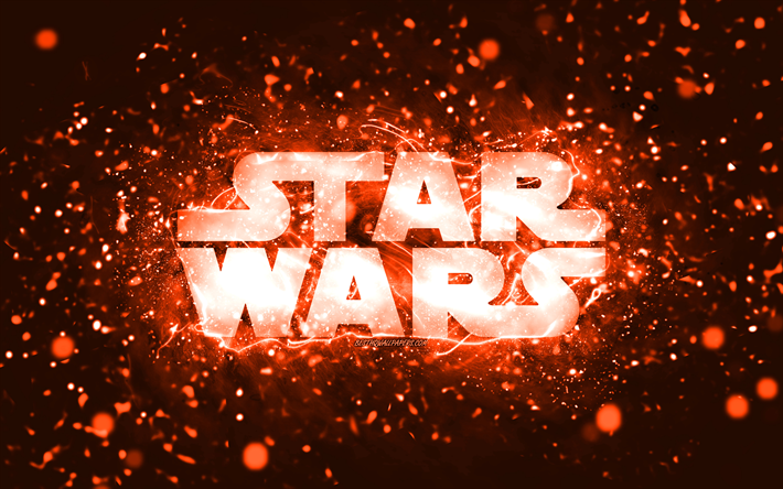 star wars orangefarbenes logo, 4k, orangefarbene neonlichter, kreativer, orangefarbener abstrakter hintergrund, star wars-logo, marken, star wars