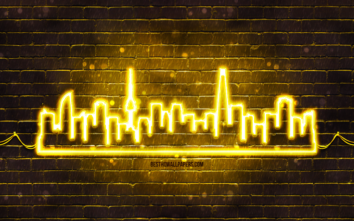 seul amarelo silhueta de neon, 4k, amarelo luzes de neon, seul silhueta skyline, amarelo brickwall, cidades sul-coreanas, neon skyline silhuetas, coreia do sul, seul silhueta, seul