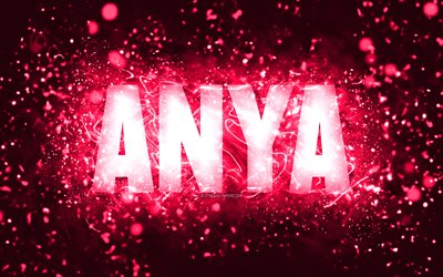Happy Birthday Anya, 4k, pink neon lights, Anya name, creative, Anya Happy Birthday, Anya Birthday, popular american female names, picture with Anya name, Anya