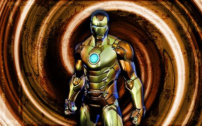 4k, 金箔アイアンマン, 茶色のグランジの背景, フォートナイト, 渦, フォートナイトのキャラクター, 金箔アイアンマンスキン, フォートナイトバトルロワイヤル, 金箔アイアンマンフォートナイト