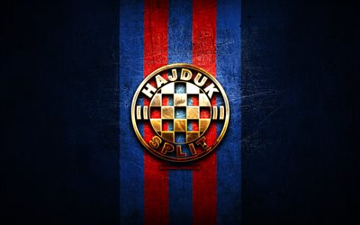 hajduk split fc, kultainen logo, hnl, sininen metalli tausta, jalkapallo, kroatialainen jalkapalloseura, hajduk split logo, hnk hajduk split