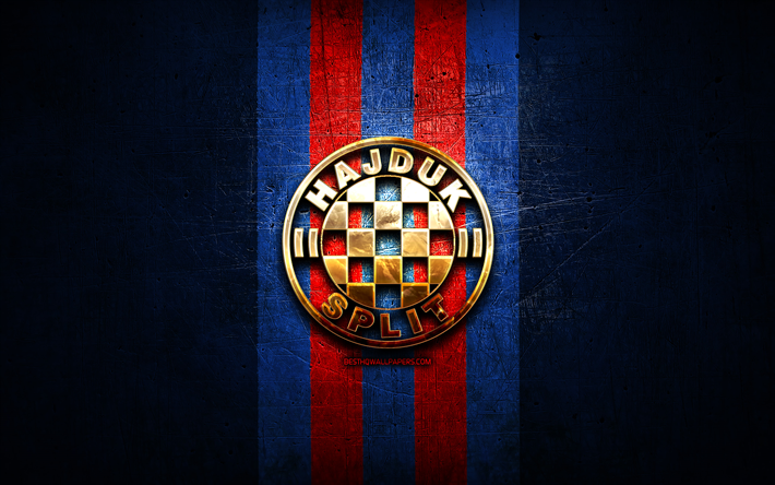 Hajduk Split FC, golden logo, HNL, blue metal background, football, croatian football club, Hajduk Split logo, soccer, HNK Hajduk Split