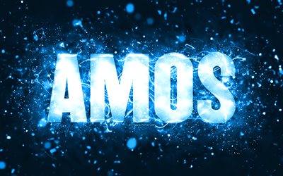 Happy Birthday Amos, 4k, blue neon lights, Amos name, creative, Amos Happy Birthday, Amos Birthday, popular american male names, picture with Amos name, Amos
