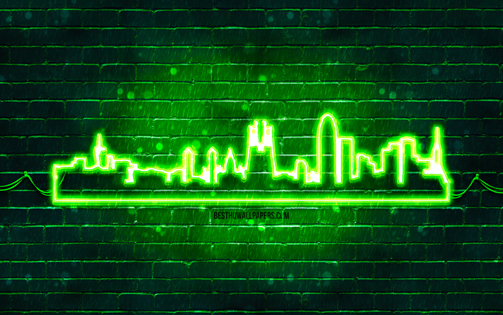 silhouette de n&#233;on vert de barcelone, 4k, n&#233;ons verts, silhouette d horizon de barcelone, mur de briques vert, villes espagnoles, silhouettes d horizon de n&#233;on, espagne, silhouette de barcelone, barcelone